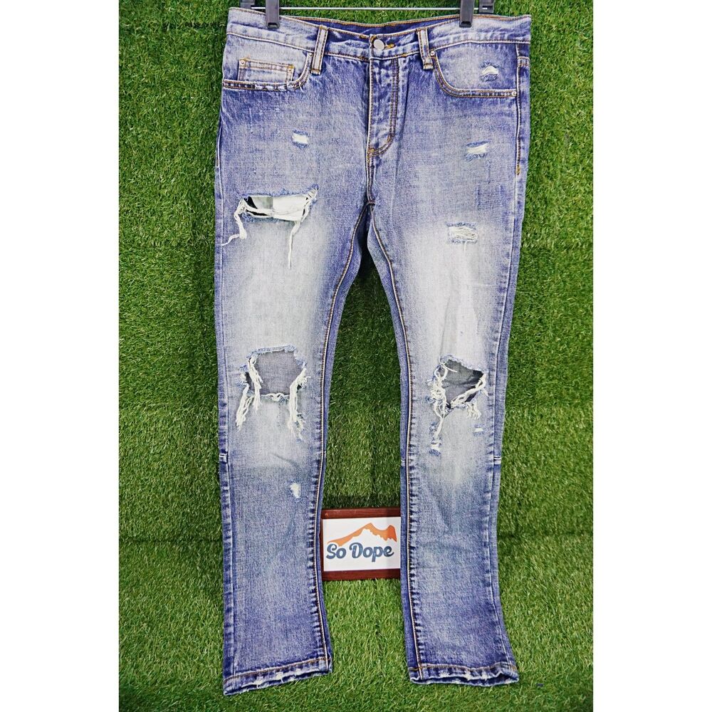 MNML Distressed Jeans Light Wash Blue Ripped Cotton - Womens Size 32